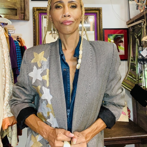 OOAK hand painted vintage houndstooth check blazer jacket pockets S M L stars - Picture 3 of 5